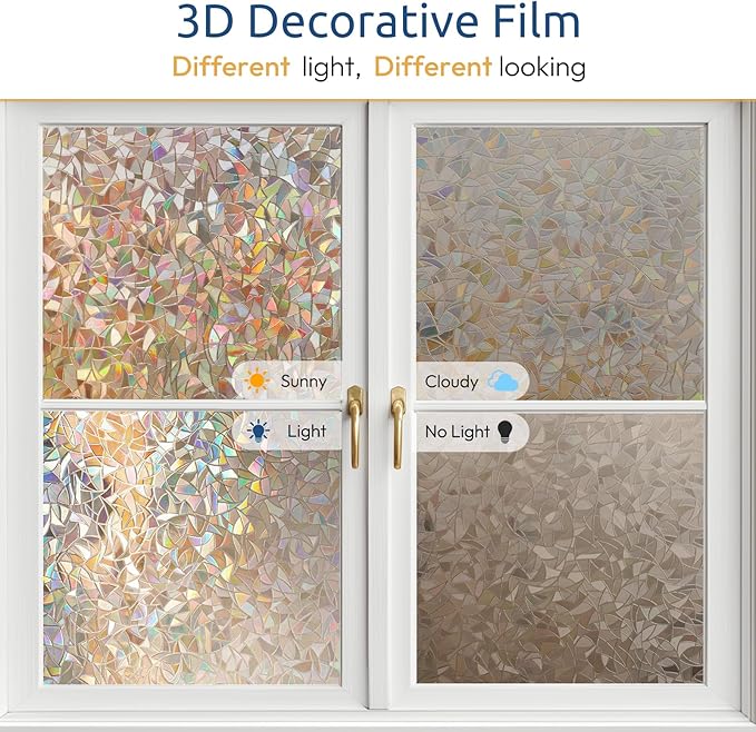 rabbitgoo Window Privacy Film Rainbow Film Decorative Window Sticker, 3D Static Stained Glass Cling Tint for Home Heat Control Non-Adhesive, Brown, 35.4 x 78.7 inches
