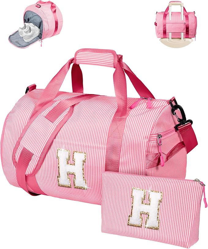 Gifts for Teenager, Girls Travel Duffle Bag, Kids Initial Overnight Bags with Shoe Compartment, Personalized Weekend Bag with Makeup Pouch, Gift for Cheerleader Girl (Letter H)