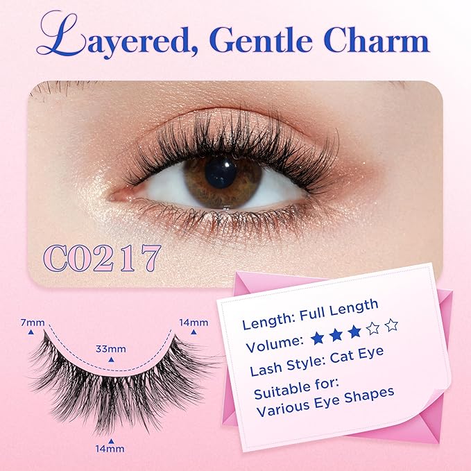 Bepholan Fales Eyelashes 7-14mm Natural Look 3D Volume Eyelashes Pack 5 Pair Soft Thin Black Band Fluffy Fake Lashes Easy to Apply(C0217)