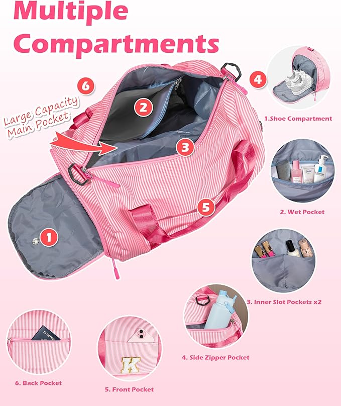 Gifts for Teenager, Girls Travel Duffle Bag, Kids Initial Overnight Bags with Shoe Compartment, Personalized Weekend Bag with Makeup Pouch, Gift for Cheerleader Girl (Letter H)
