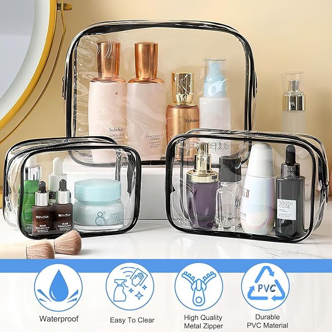 3 Pack Clear Cosmetic Bag, Waterproof Toiletry Bag with Zipper, Transparent Travel Makeup Bags, TSA Approved Clear Organizer Bags, PVC Cosmetic Pouch Case for Vacation Airport Airline Compliant