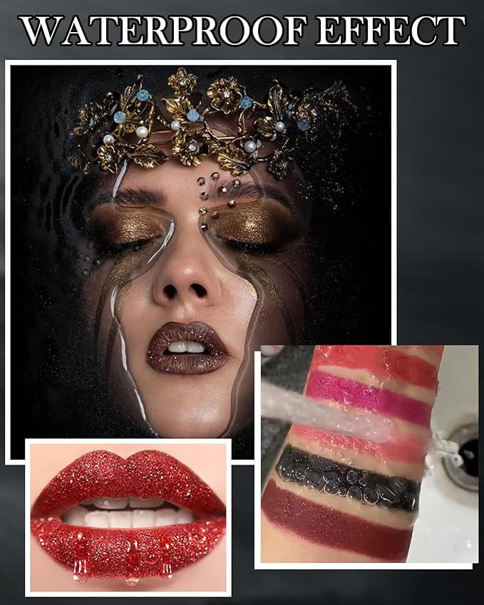Diamond Glitter Matte Lipstick,Ruby Red Metallic Shimmer Lip Gloss Lip Tint Stain,Sparkling High Pigment Tinted Lip Balm,Longlasting Waterproof Non-Stic Cup Lipstain Lipgloss,Makeup Gift for Women-03