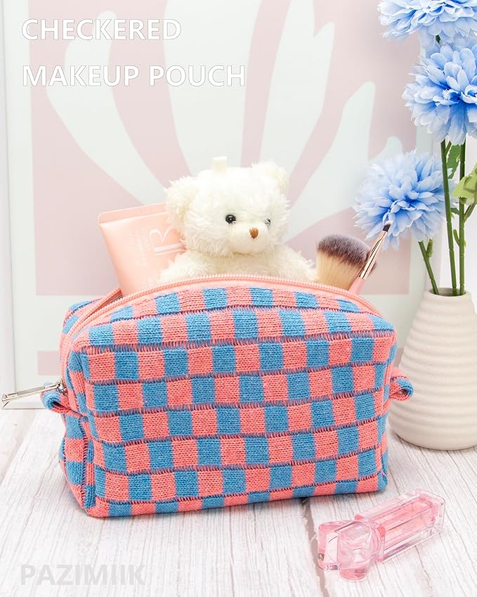 PAZIMIIK Checkered Makeup Bag for Purse Portable Zipper Make Up Pouch Small Cosmetic Case for Travel Red Blue
