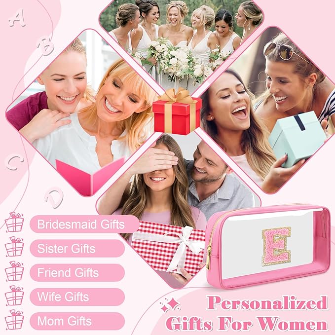Personalized Initial Letter Clear Makeup Bag,Preppy Small Nylon&PVC Cosmetic Zipper Bag with Chenille Letter,Portable Beach Travel Skincare Toiletry Bag,Trendy Monogram Gift for Teen Girls Women,E