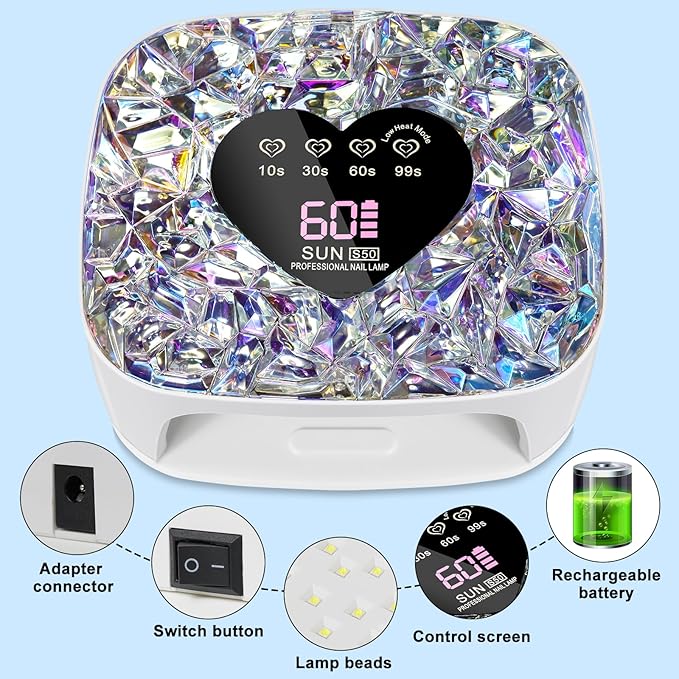 LIMEGIRL UV LED Nail Lamp Kit for Gel Polish Professional Fast White Diamond Design Curing Dryer Light Set with 4 Timers and Gloves Cordless Rechargeable Nail Art Cure Machine at Home and Salon