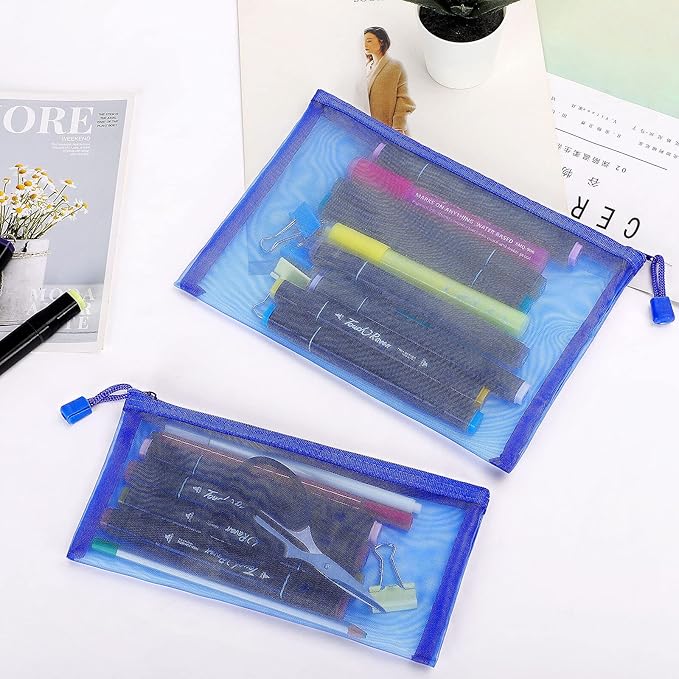 12 Pieces Zipper Nylon Mesh Pouch, Mesh Cosmetic Bags Makeup Bags Pencil Case, Multipurpose Travel Bags for Cosmetic School Office Supplies and Travel Accessories (Blue, A5+B6)