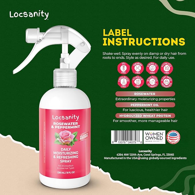 Locsanity Daily Moisturizing Refreshing Spray for Locs, Dreadlocks - Rose Water and Peppermint Hair Scalp Moisturizer, Dreadlock Spray - Natural Loc Care and Maintenance (8oz)