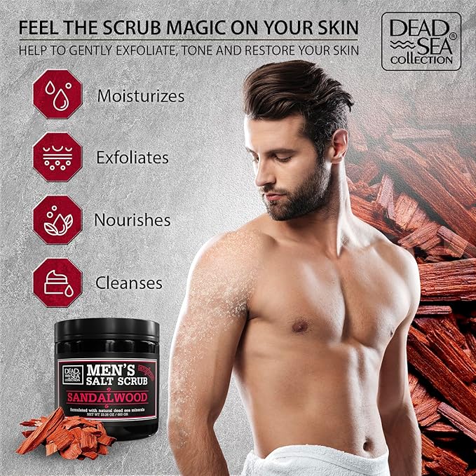 Salt Body Scrub Sandalwood For Men – Moisturizes, Exfoliates & Nourishes Skin – Cleanses & Detoxifies with Dead Sea Minerals - Dead Sea Collection – 23.28 OZ