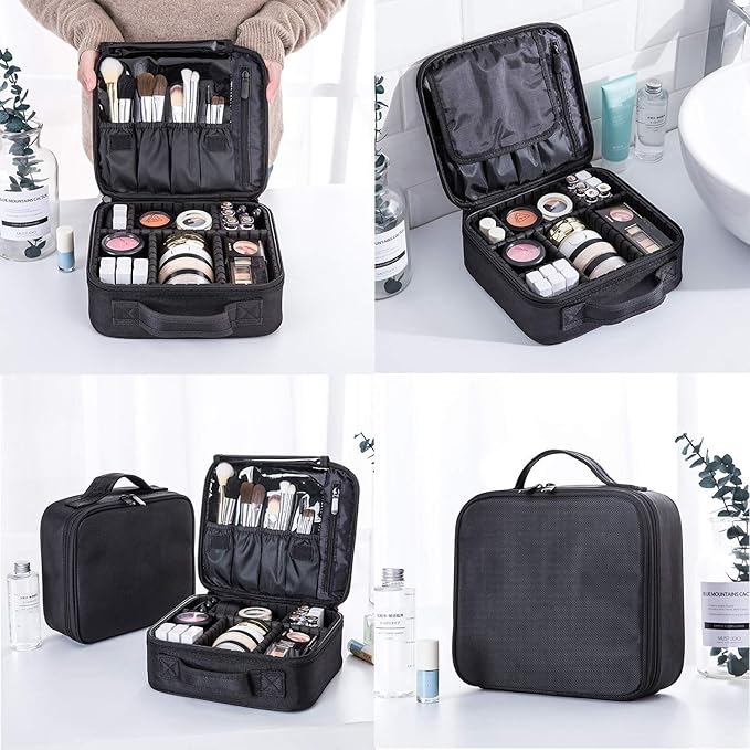 Travel Makeup Case, Cosmetic Train Case Organizer Portable Artist Storage Makeup Bag with Adjustable Dividers for Cosmetics Makeup Brushes Toiletry Jewelry Digital Accessories - Black