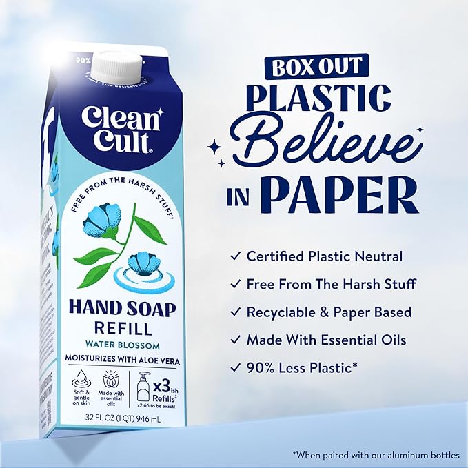 Cleancult Liquid Hand Soap Refill - Water Blossom - Moisturizes Dry & Sensitive Skin - Made with Aloe Vera & Essential Oils - Eco Friendly - Paper-Based Packaging - 32 oz/3 Pack