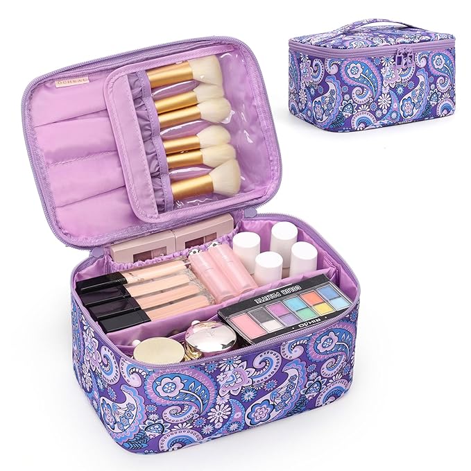OCHEAL Makeup Bag - Portable Large Capacity Travel Cosmetic Case for Women with Handle and Divider Toiletry Organizer for Girls on the Go -Purple