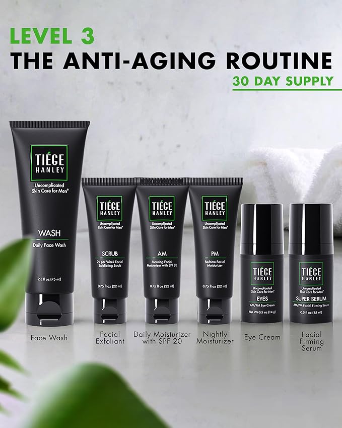 Tiege Hanley Skin Care Set for Men, Anti Aging Routine, System Level 3, Daily Face Wash, Facial Scrub, Two Moisturizers, Eye Cream, and Serum for Healthy, Hydrated Skin, Men’s Skin Care, 6 Piece Kit