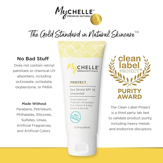 MyCHELLE Dermaceuticals Sun Shield SPF 28 Unscented (2.3 Fl Oz) - Soothing Reef Safe Sunscreen with Vitamin E and Aloe - TSA Approved. Liquid Zinc Sunscreen for Face and Body