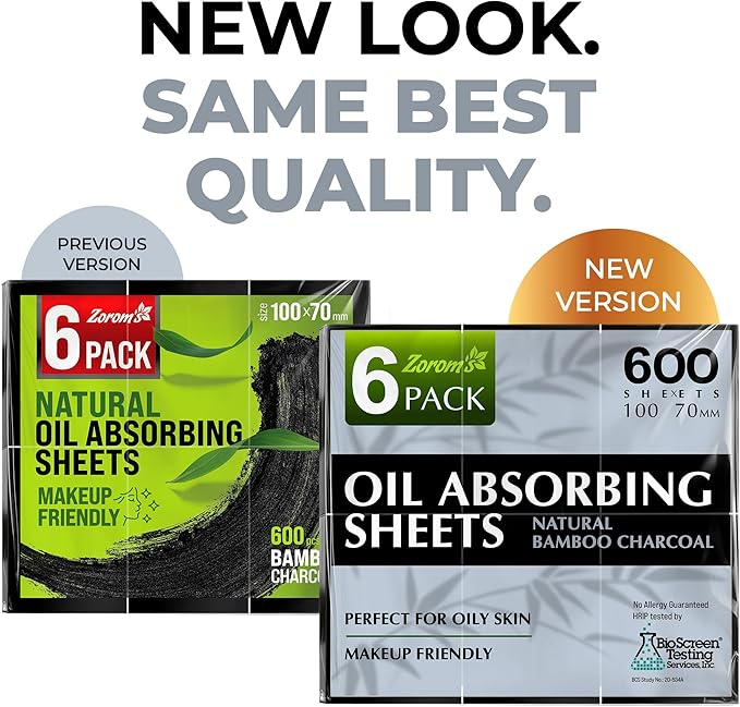 Natural Oil Blotting Sheets for Face with Bamboo Charcoal - 6pk/600 Makeup Friendly Oil Absorbing Sheets for Face - Blotting Papers for Oily Skin - Perfect for Keeping in Purse - Oil Control Film