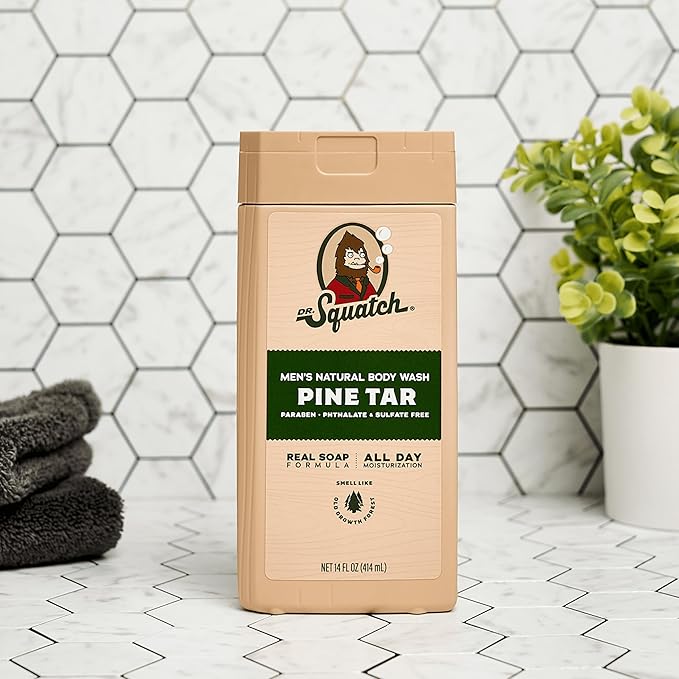 Dr. Squatch NEW Body Wash for Men with Nourishing, Natural Ingredients | No Paraben, Phthalate, Sulfate | Pine Tar (14 oz), Coconut Castaway & Wood Barrel Bourbon (8 oz, 2-Pack) & Body Scrubber
