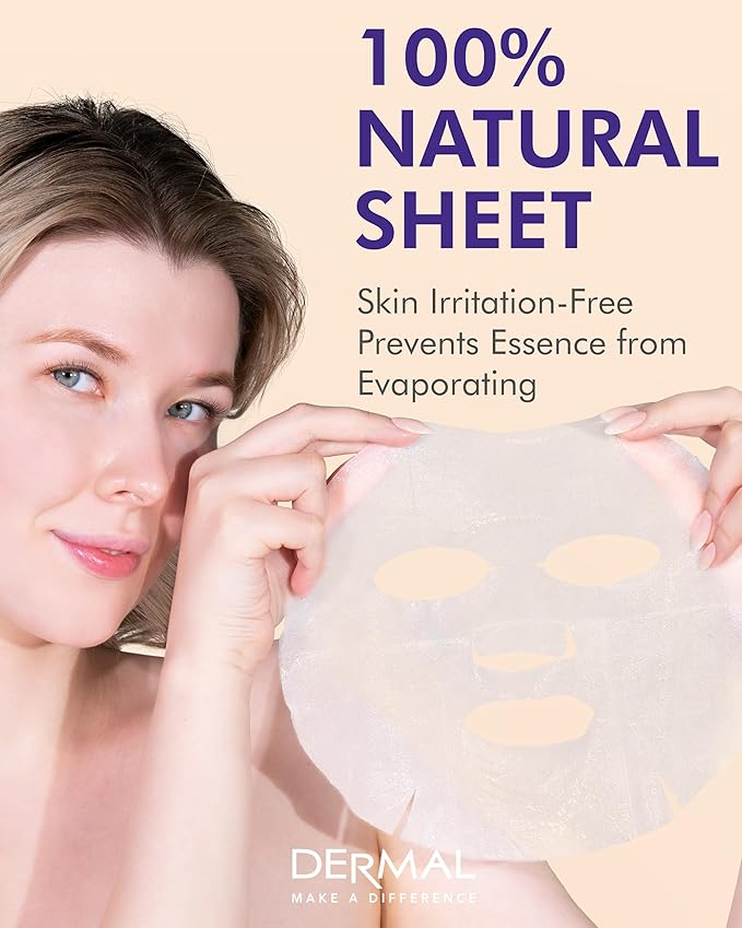 DERMAL Acai Berry Collagen Essence Facial Mask Sheet 23g Pack of 10 - Moisturizing & Firming Keeps Skin Healthy and Clean, Daily Skin Treatment Solution Sheet Mask