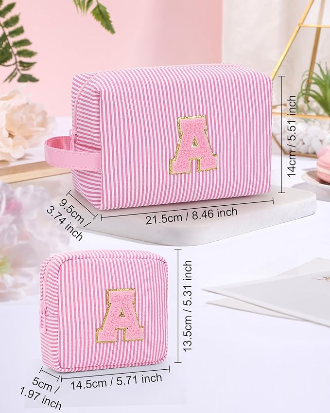 MONSTINA Travel Makeup Bag for Women,Make Up Pouch for Girlfriend Bridesmaid Wife,Birthday Gift for Her Cute Monogram Cute Initial Toiletry Bag Set,2PCS Pink H