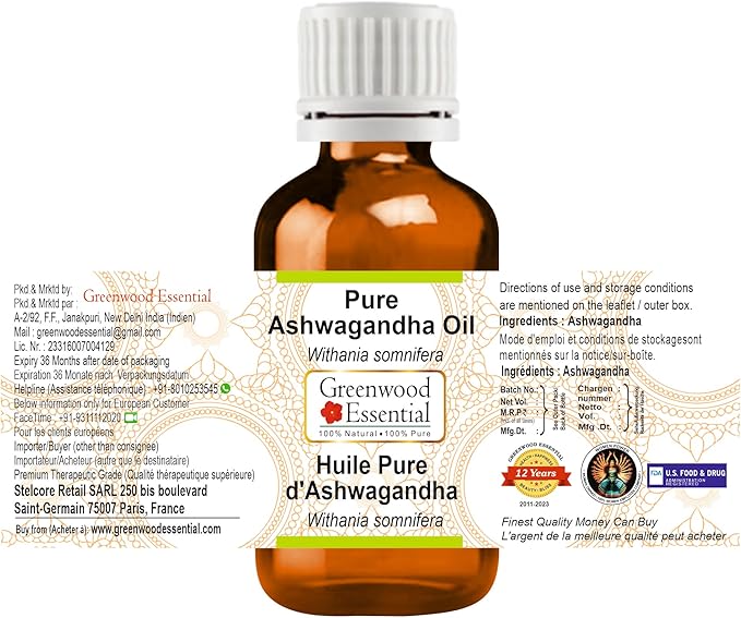 Greenwood Essential Ashwagandha Oil (Withania somnifera) | Infused | Pure | Non-Sticky | Lightweight | Ayurvedic | For Body Massage | Men & Women | 10ml (0.33 oz)