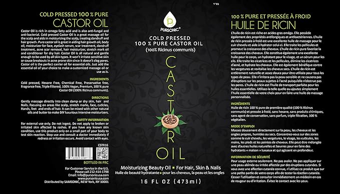 Pursonic Castor Oil (16oz) Cold-Pressed, 100% Pure, Hexane-Free Castor Oil-Moisturizing & Healing, For Dry Skin, Hair Growth - For Skin, Hair Care, Eyelashes