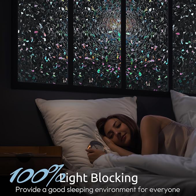 rabbitgoo Window Privacy Film Rainbow Film Decorative Window Sticker, 3D Static Stained Glass Cling Tint for Room Darkening Day Sleep, Black, 29.5 x 78.7 inches
