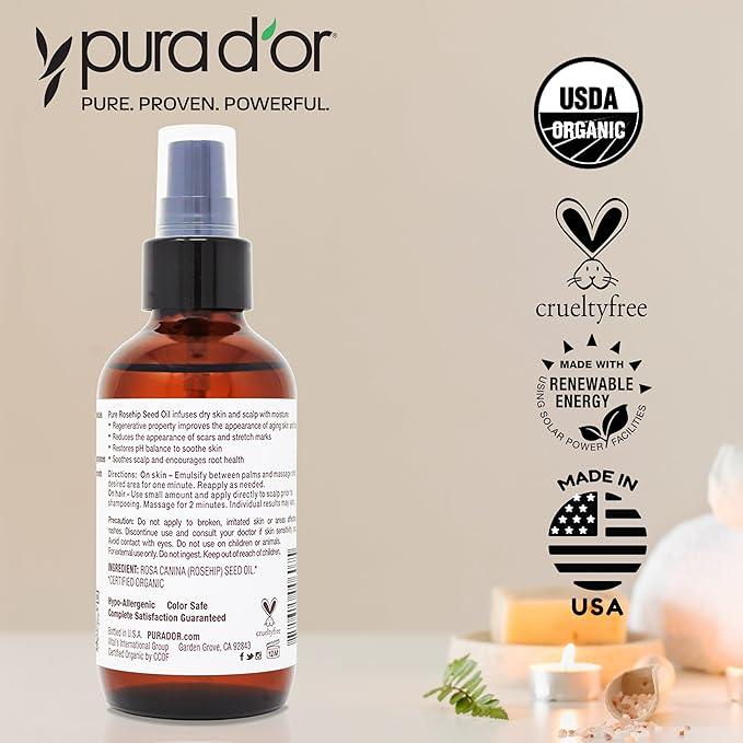 PURA D'OR ORGANIC Rosehip Seed Oil Hair Relaxer (4 Oz x2 = 8 Oz) 100% Pure Cold Pressed USDA Certified All Natural Anti-Aging, Scar Treatment, Gua Sha Massage, Face, Hair & Skin - Women & Men