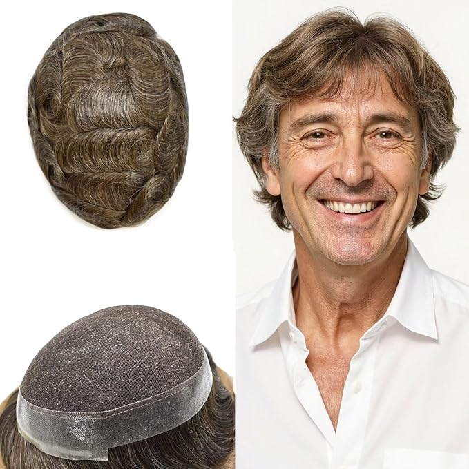 FACE MIRACLE French Lace Mens Toupee Human Hair System Lace Center Toupee for Men Thin Skin PU Around Hair Replacement System V-Looped Mens Hair Wig 6"X8" #520 5# MEDIUM LIGHT BROWN WITH 20% GREY