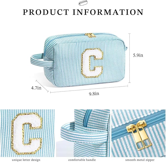 YOOLIFE Cosmetic Bag, Initial Makeup Bag for Women Girls - Personalized Gifts for Women Girls, Travel Makeup Bag, Cosmetic Bag, Blue T