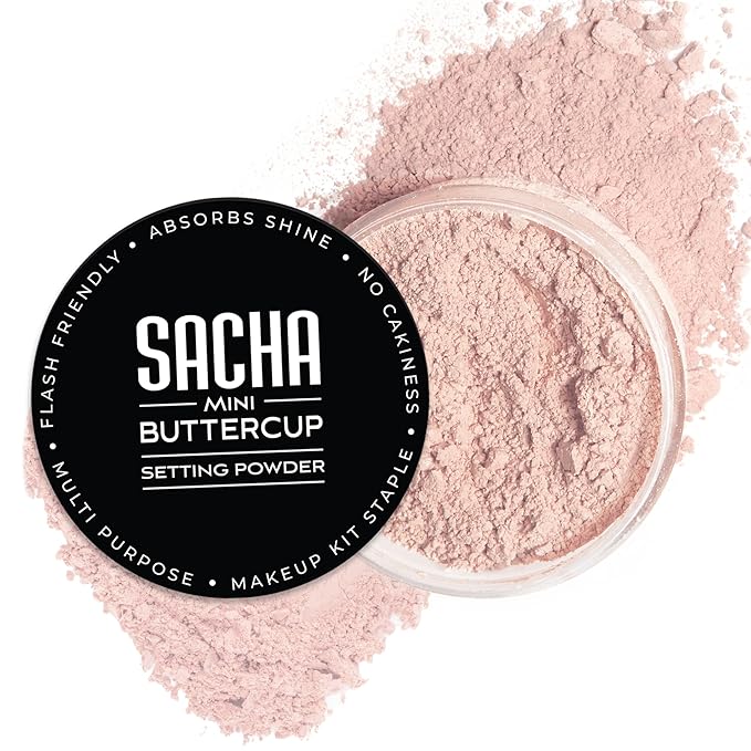Sacha BUTTERCUP Rosé Mini Setting Powder. No Ashy Flashback. Blurs Fine Lines and Pores. Loose, Translucent Face Powder to Set Makeup Foundation or Concealer. For All Skin Tones, 0.35 oz.