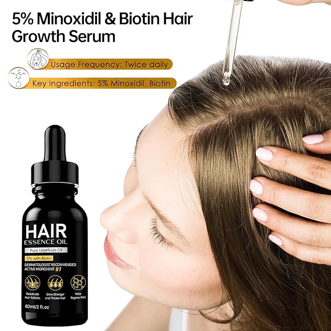 5% Minoxidil Hair Growth Serum, Natural Biotin Hair Oil for Men and Women, 2 fl oz