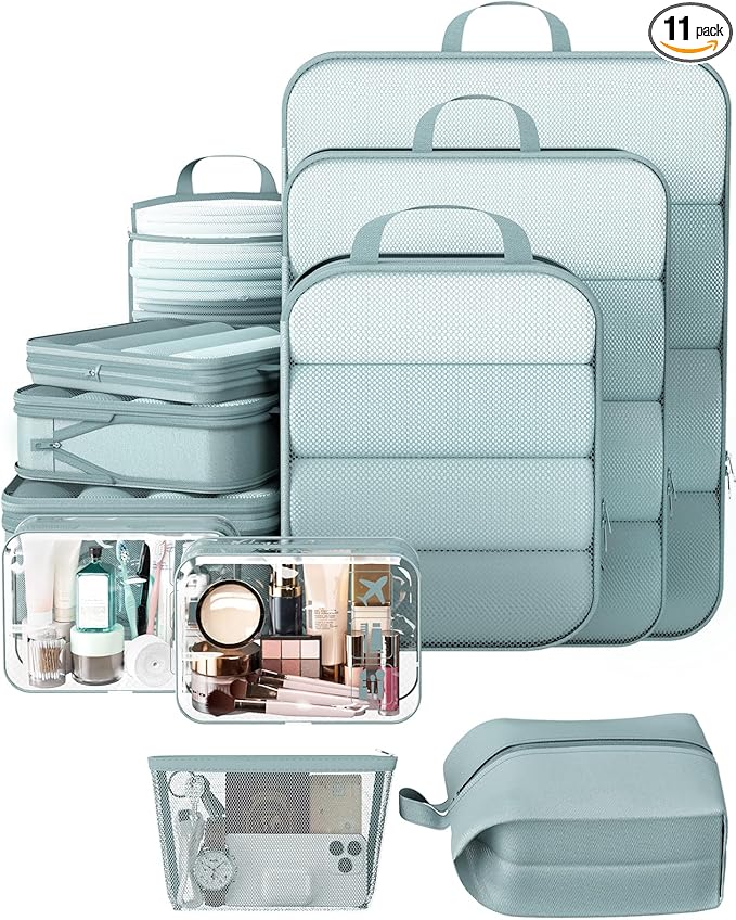 Veken 11 Set Compression Packing Cubes for Travel Essentials,Compressible Expandable Large Luggage Suitcase Organizer Bags for Clothing,Durable Space Saver Storage Bags with Toiletry Bags(Blue Gray)