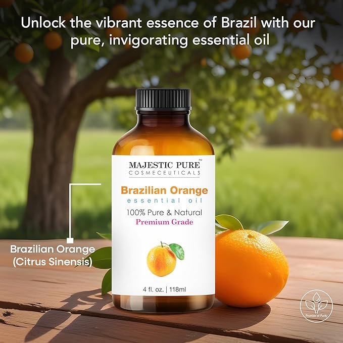 Majestic Pure Brazilian Orange Essential Oil with Glass Dropper - Huge 4 Fl Oz - 100% Pure and Natural Br Orange Oil - Premium Grade Essential Oils for Diffuser, Aromatherapy, Soap and Candle Making