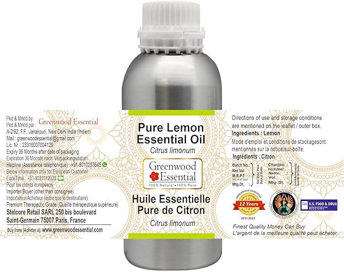 Greenwood Essential Pure Lemon Essential Oil (Citrus limonum) Steam Distilled 630ml (21.3 oz)