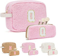 2PCS Makeup Bag with Initials, Christmas Day Gifts for Teen Girls Trendy Stuff, Personalized Cosmetic Travel Bag Pouch for Granddaughter, Cute Plush Make up Bags for Birthday - Pink Q