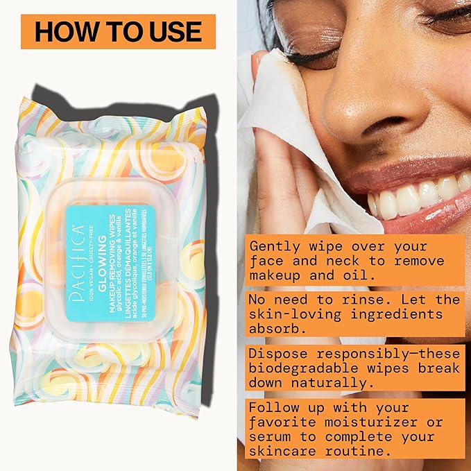 Pacifica Beauty | Glowing Makeup Remover Wipes | Gycolic Acid, Coconut Water, Aloe Infused | Daily Cleansing + Exfoliating | Clean Skin Care | Plant Fiber Facial Towelettes | 4 Count | Vegan