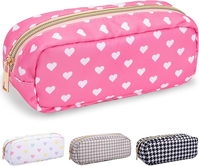 Nylon Slim Makeup Bag, Pink Heart Makeup Brush Case, Preppy Cosmetic Zipper Pouch for Purse, Travel Toiletry Bag Clutch Coin Pouch Makeup Organizer for Women Girls