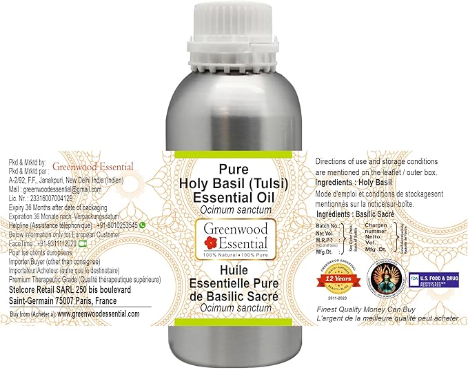 Greenwood Essential Pure Holy Basil Essential Oil (Ocimum Sanctum) Steam Distilled 300ml (10 oz)