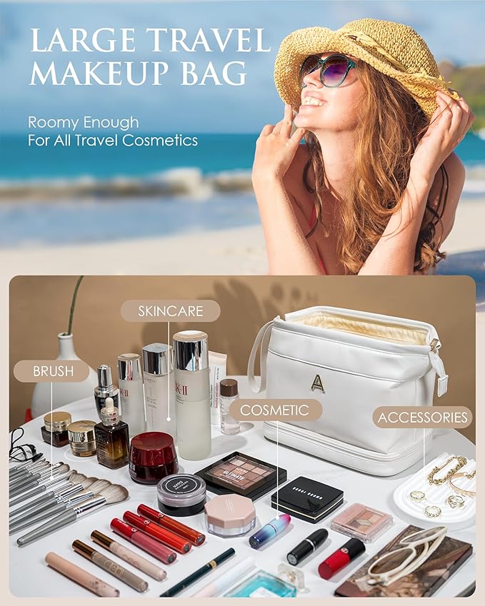 Bridesmaid Proposal Gifts, Initial Large Makeup Bag, Personalized Double Layer Cosmetic Bag with Makeup Brush Organizer, Waterproof, PU Leather Travel Toiletry Bag Graduation Gift