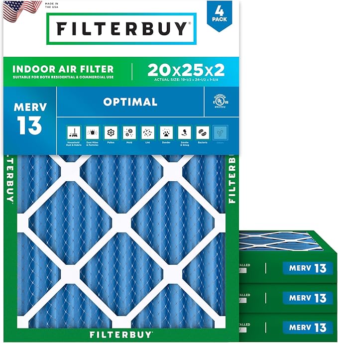 Filterbuy 20x25x2 Air Filter MERV 13 Optimal Smoke & Allergy Defense, by Filterbuy