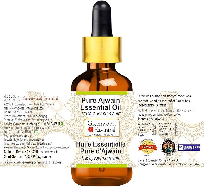 Greenwood Essential Ajwain Essential Oil (Trachyspermum ammi) with Glass Dropper | Pure | Non-Sticky | Non-Greasy | Lightweight | Men & Women | All Skin Types | Steam Distilled 100ml (3.38 oz)
