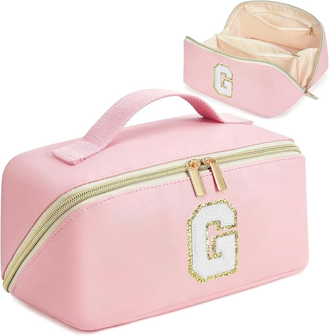 for Christmas Day Gifts, Makeup Bag for Women, PU Leather Travel Toiletry Bags, Initial Make Up Cosmetic Pouch for Teen Girls, Wide Open Portable Skincare Bag, Personalized Birthday Gifts, Pink G