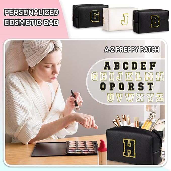 TOPEAST Personalized Birthday Gifts for Women, Preppy Patch Makeup Bag, Chenille Letter Pouch Cosmetic Bag, Travel Organizer, Birthday Gifts for Friends, Cute Stuff (Black L)