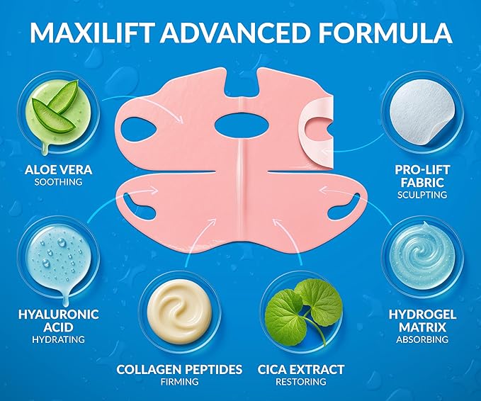 Stylia MaxiLift V-Line Lifting Collagen Face Mask - Advanced Double Chin Reducer - Jawline Shaper - Neck Firming and Tightening Mask with Hyaluronic Acid & Aloe Vera - Chin Strap for Sleeping (10PC)