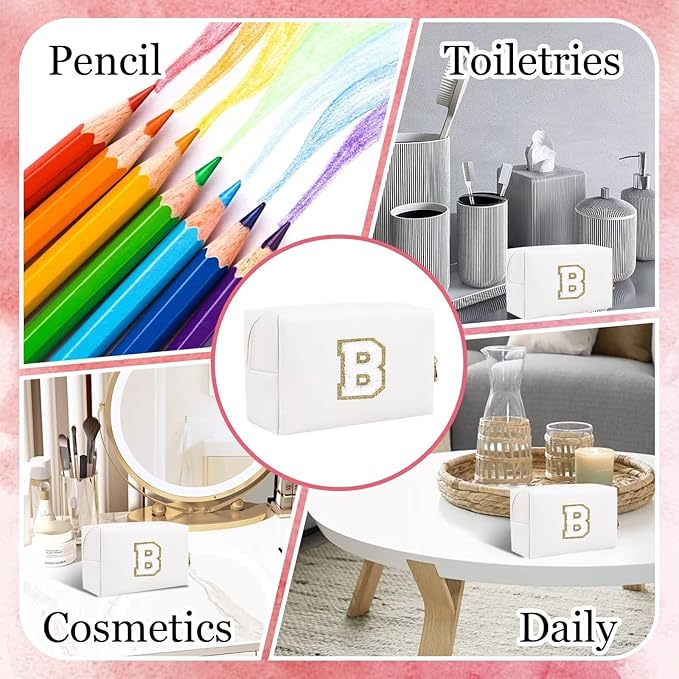 Small Personalized Letter Makeup Bag, Cute PU Leather Chenille Letters Cosmetic Bag Travel Makeup Pouch, Preppy Travel Organizer Zipper Pouch for Women&Girls（White-B）