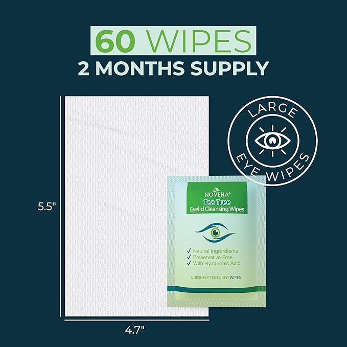 NOVEHA 60PCs Tea Tree Oil Eyelid & Lash Wipes | With Hyaluronic Acid, Green Tea & Chamomile For Blepharitis, Itchy & Stye Eyes, Individually Wrapped, Natural Eyelash Makeup Remover & Daily Cleanser