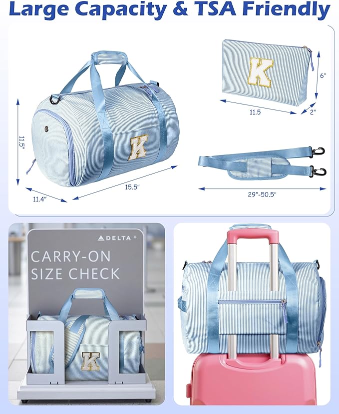 Birthday Gift for Grandkids, Girls Travel Duffle Bag, Kids Initial Overnight Bags with Shoe Compartment, Customized Weekender Bag with Makeup Pouch, Cute Present for Tween (Letter D)