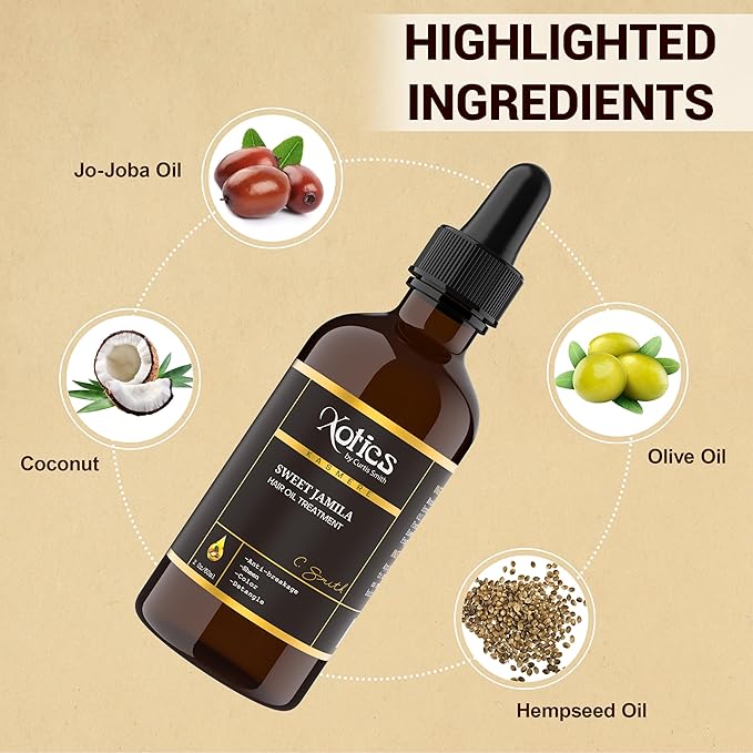 Xotics Sweet Jamila Hair Oil - Natural Hair Growth Oil with Hempseed, Argan, Olive & Coconut Oil for Curly Frizzy Hair & Dry Hair - Organic Hair Oil for Black women (4oz)
