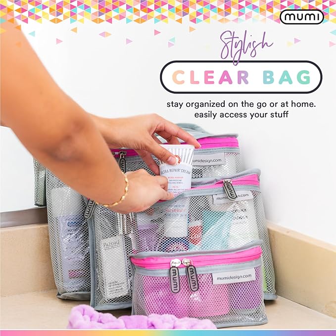 MUMI Travel Toiletry Bag Set of 3 – Clear TSA Approved Toiletry Bags for Women – Reusable Water-Resistant Makeup Organizer Pouches for Skincare, Cosmetics, Travel Accessories, Airport Packing - Gray