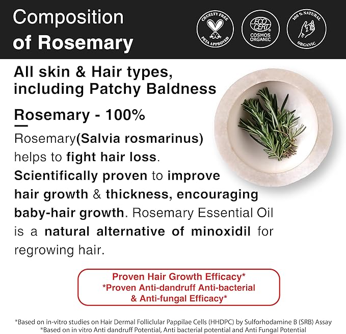 Soulflower 100% Pure Rosemary Oil for Hair Growth, Hair Fall Control, Strengthening, Volumising Hair Oil for All Types | Organic Certified (1 fl oz)