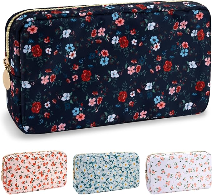 Nylon Small Floral Makeup Bag for Purse, Cute Preppy Makeup Bag Cosmetic Zipper Pouch Purse, Waterproof Portable Travel Set Toiletry Bag Make Up Brush Bag Organizer Storage for Women(Navy Blue-Flower)