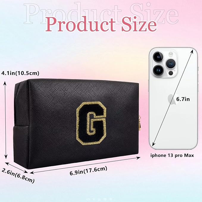 Small Personalized Letter Makeup Bag, Cute PU Leather Chenille Letters Cosmetic Bag Travel Makeup Pouch, Preppy Travel Organizer Zipper Pouch for Women&Girls（Black-G）